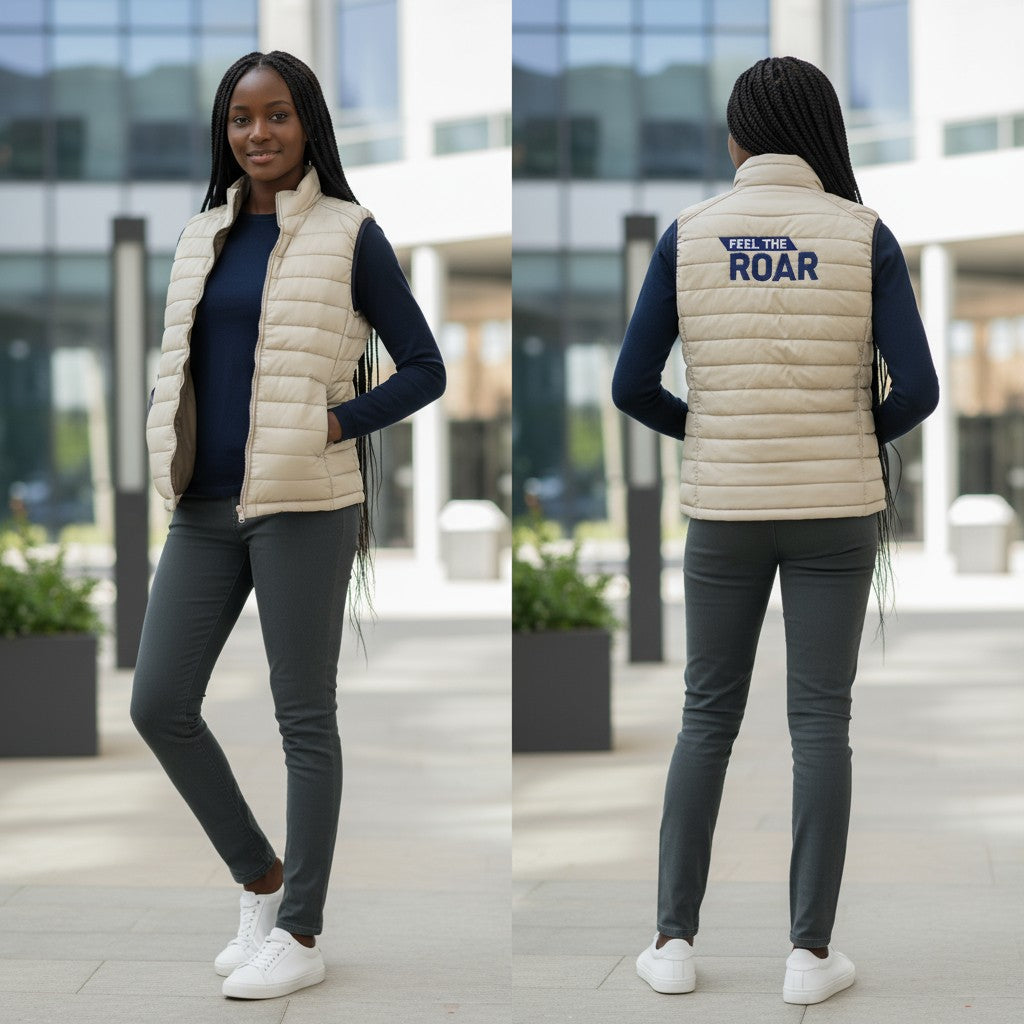 Premium Feel The Roar Sleeveless Puffer Jacket Camel