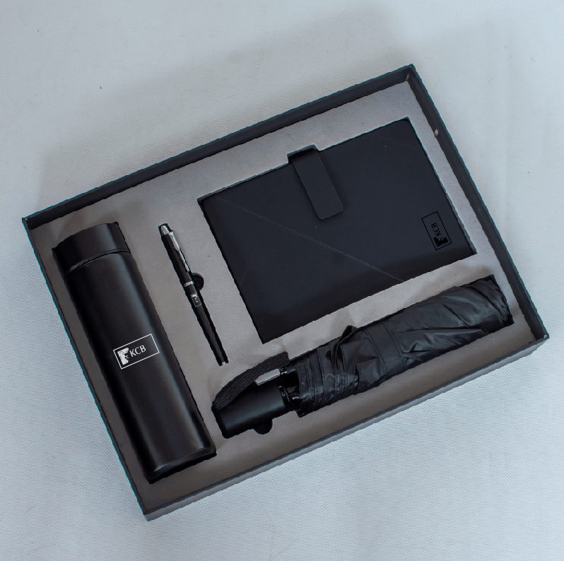 KCB Notebook Gift Set – A5 Notebook, 500 ml Bottle, Umbrella & Accessories Set Black