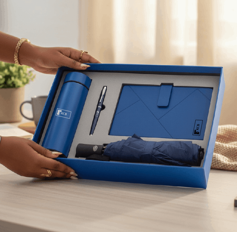 KCB Notebook Gift Set – A5 Notebook, 500 ml Bottle, Umbrella & Accessories Set Blue