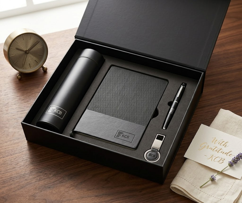 KCB Personalised Executive Business Set – Notebook, Pen & Thermos Gift Set black
