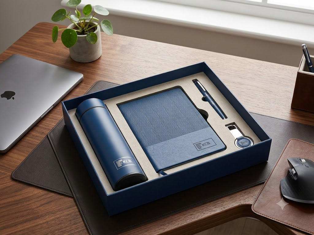KCB Personalised Executive Business Set – Notebook, Pen & Thermos Gift Set blue
